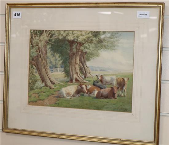 William Sidney Cooper (1854-1927), watercolour, cattle and trees in a landscape, signed and dated 1915, 25cm x 35cm